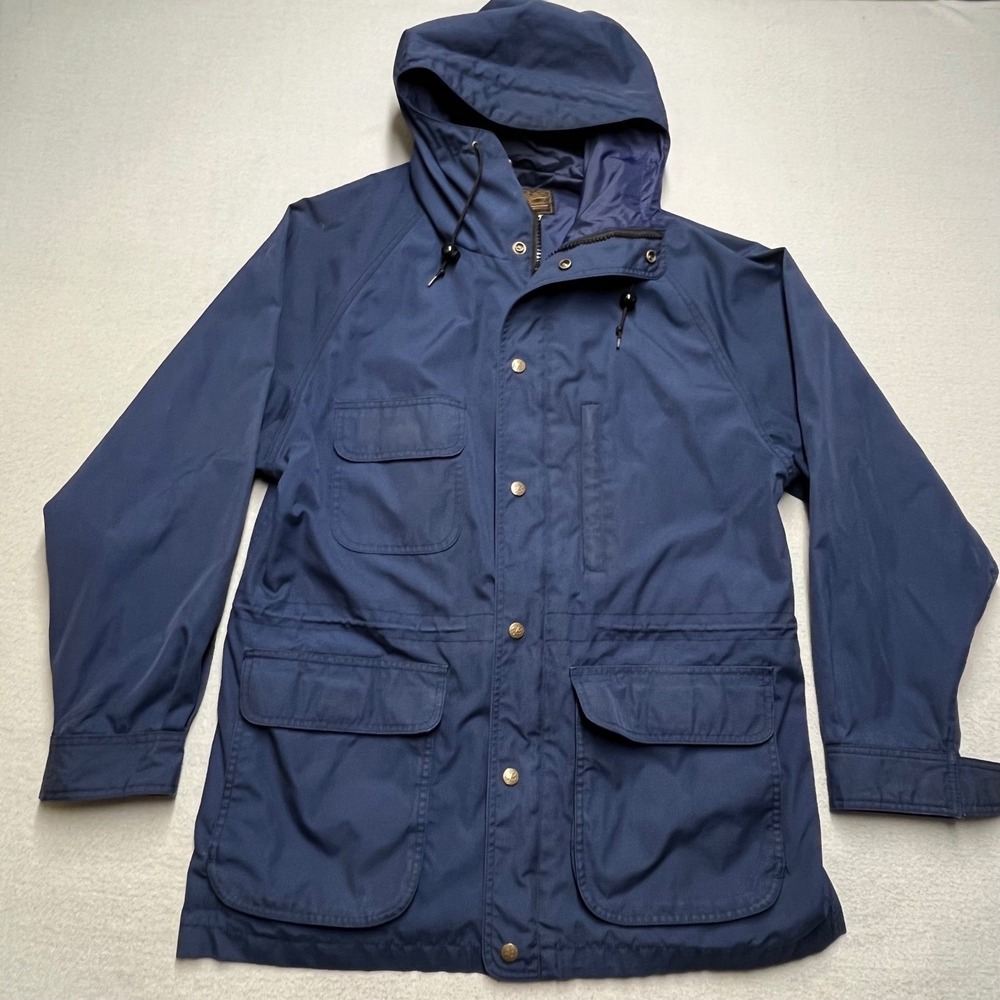 VTG Eddie Bauer Med Hooded Field Jacket fisherman Navy Blue Chore Coat Utility